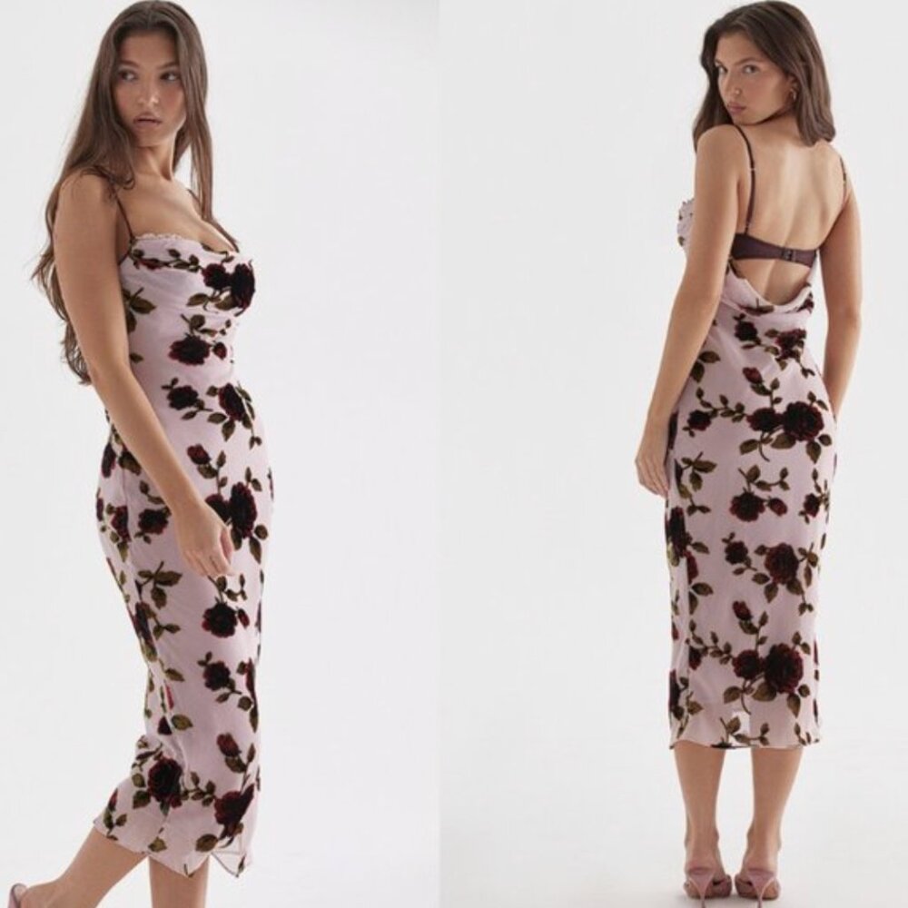 House of CB Azura Rose Print Velvet Mesh Slip Pink Devore Midi Dress L+